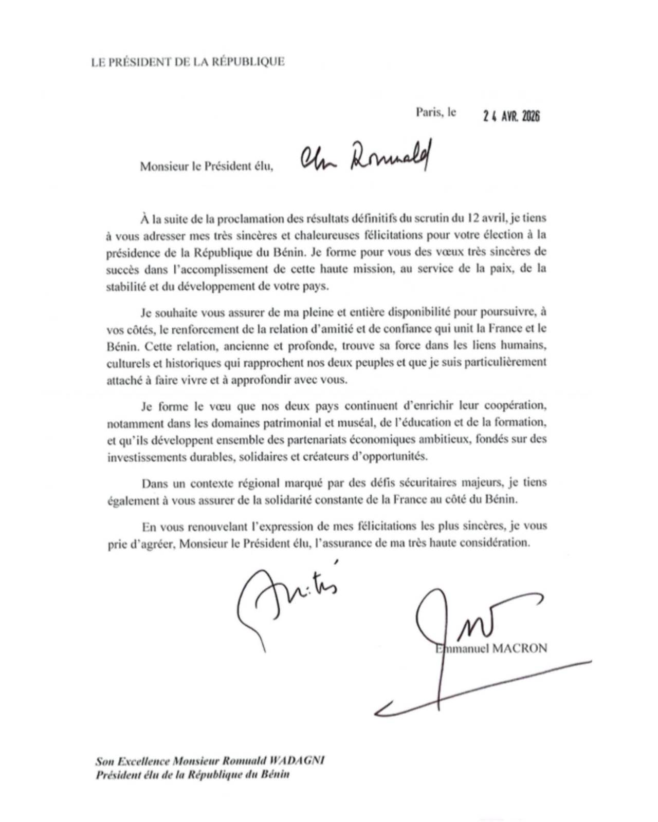 Discussion sur la coopération franco-béninoise