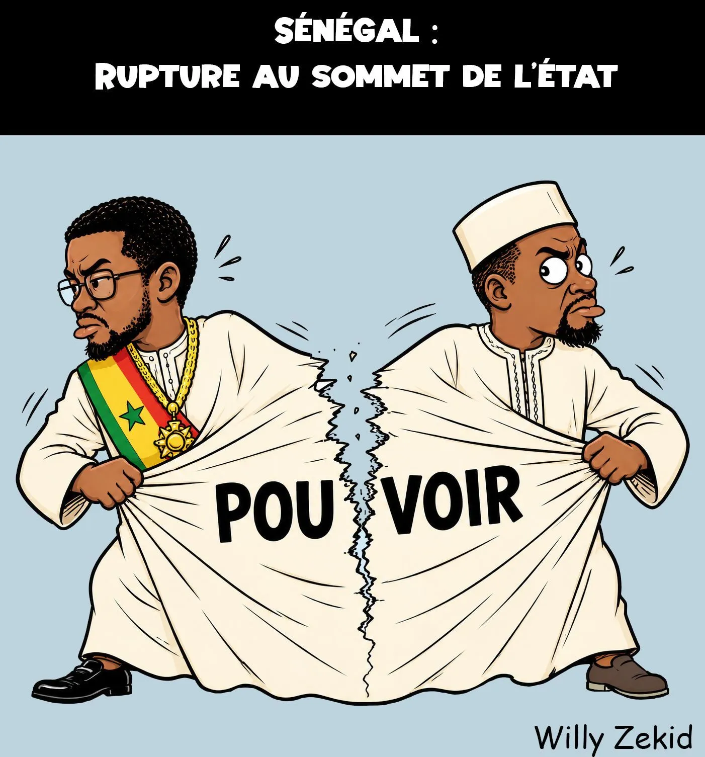 Caricature montrant Ousmane Sonko et Bassirou Diomaye Faye s'éloignant en déchirant la tunique qui les unissait et sur laquelle il est écrit 'pouvoir'