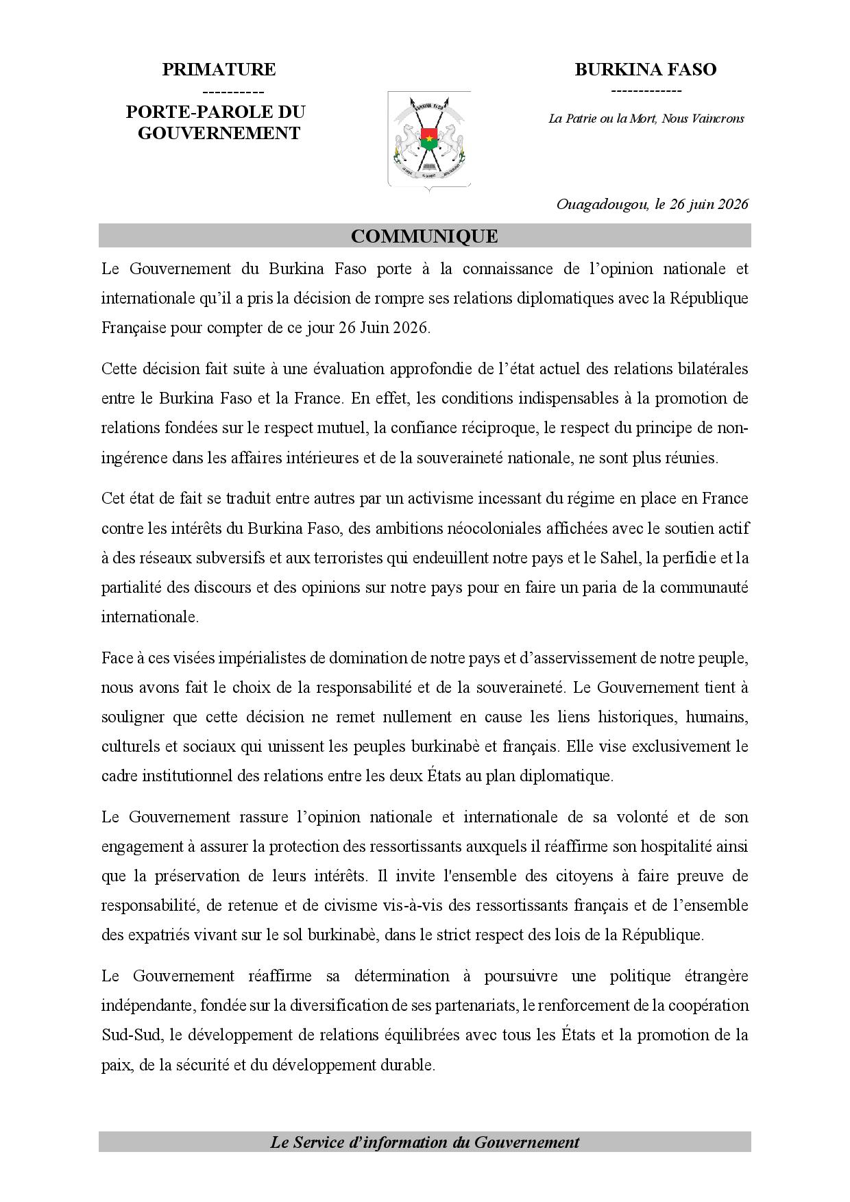 COMMUNIQUE RELATIF A LA RUPTURE DES RELATIONS DIPLOMATIQUES ENTRE LE BURKINA FASO ET LA REPUBLIQUE FRANÇAISE