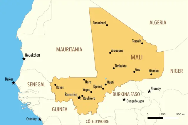 Carte du Mali mettant en lumière les principales villes de l'Azawad : Gao, Tombouctou, Kidal et Ménaka